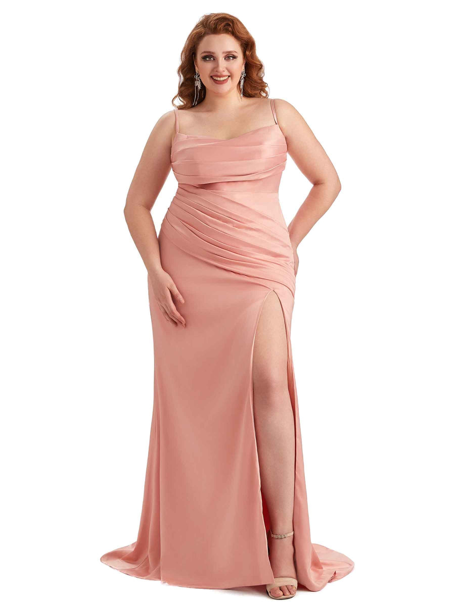 Plus Size Sexy Side Slit Mermaid Soft Satin Long Bridesmaid Dress For Wedding
