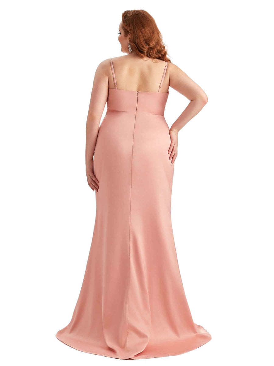 Plus Size Sexy Side Slit Mermaid Soft Satin Long Bridesmaid Dress For Wedding