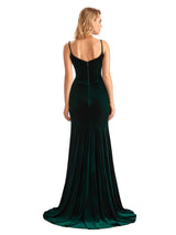 Elegant Mermaid Spaghetti Straps Side Slit Velvet Long Bridesmaid Dresses