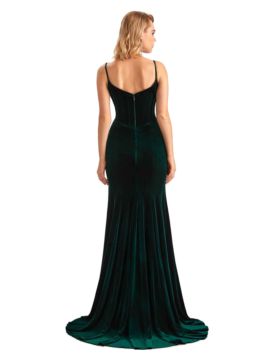 Elegant Mermaid Spaghetti Straps Side Slit Velvet Long Bridesmaid Dresses