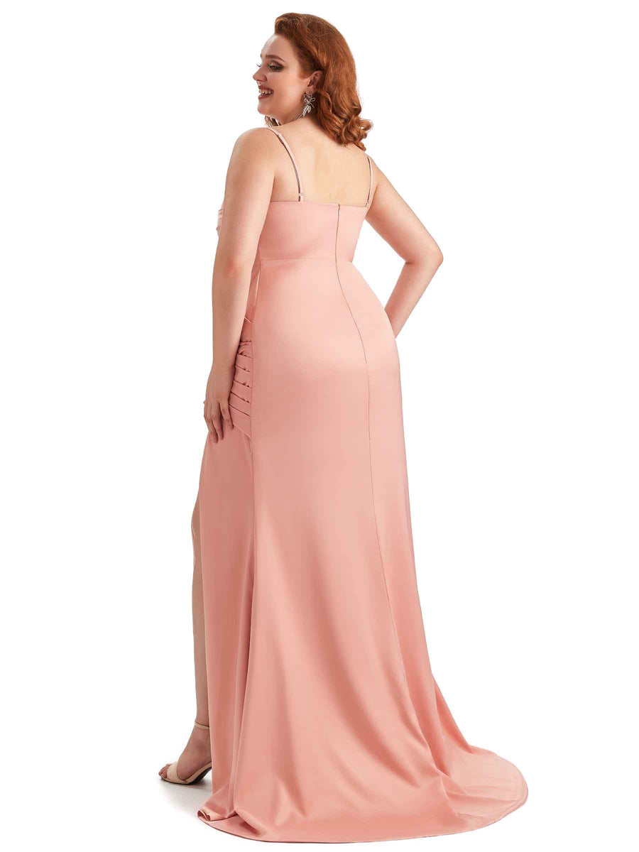 Plus Size Sexy Side Slit Mermaid Soft Satin Long Bridesmaid Dress For Wedding