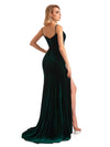 Elegant Mermaid Spaghetti Straps Side Slit Velvet Long Bridesmaid Dresses