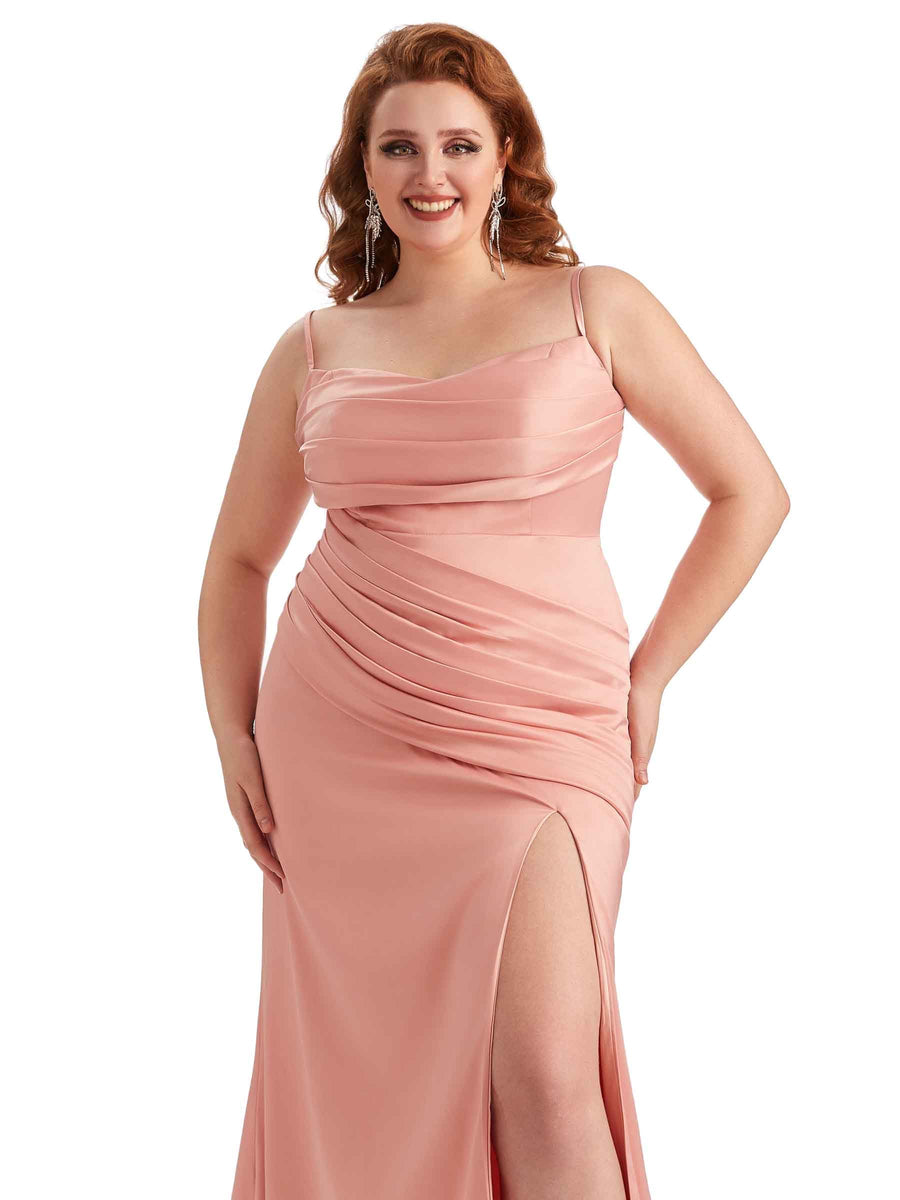 Plus Size Sexy Side Slit Mermaid Soft Satin Long Bridesmaid Dress For Wedding