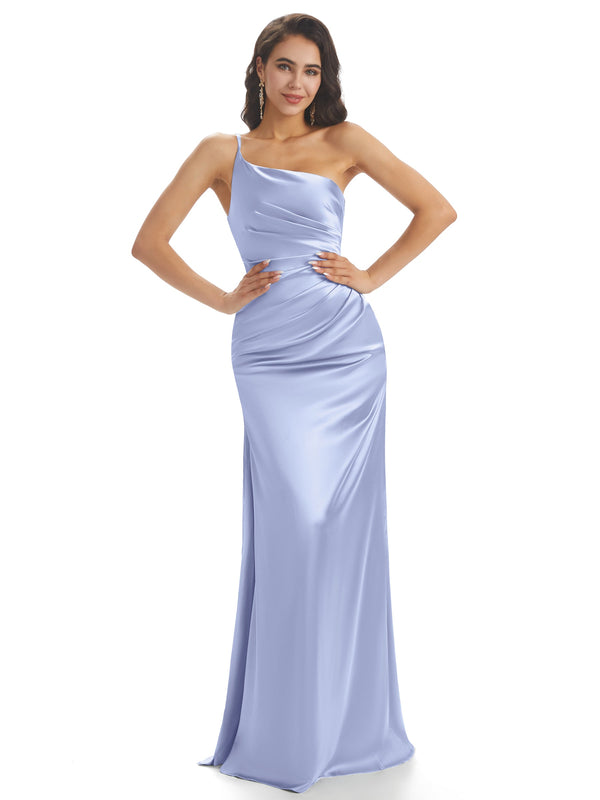 Simple Soft Satin One Shoulder Side Slit Mermaid Long prom Dresses ...
