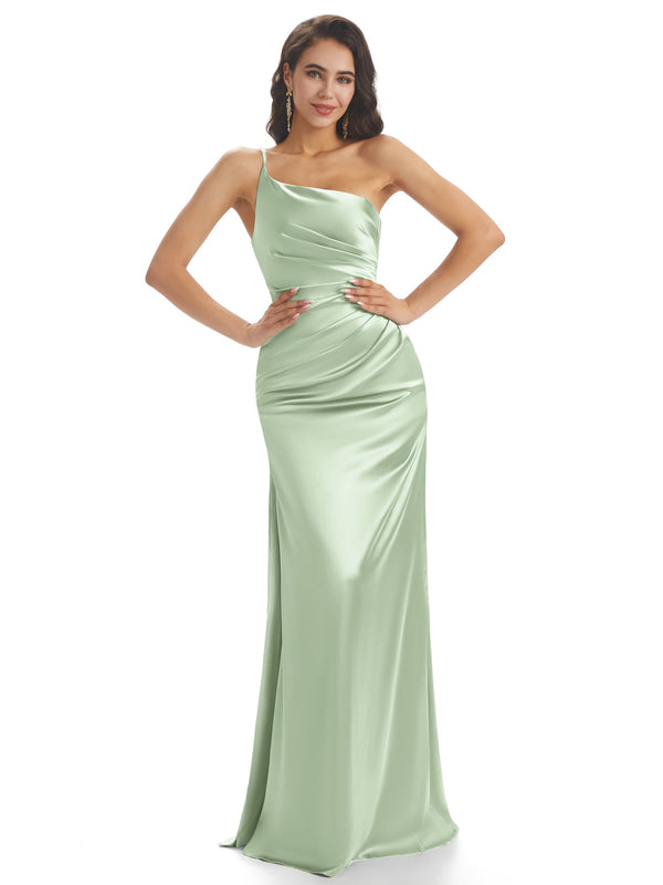 Simple Soft Satin One Shoulder Side Slit Mermaid Long prom Dresses ...