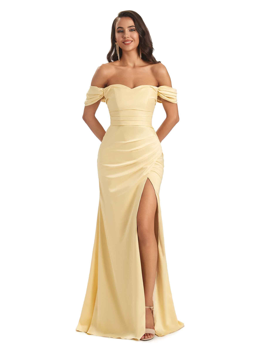 Sexy Off Shoulder Sweetheart Satin Side Slit Mermaid Long Prom Dresses Online