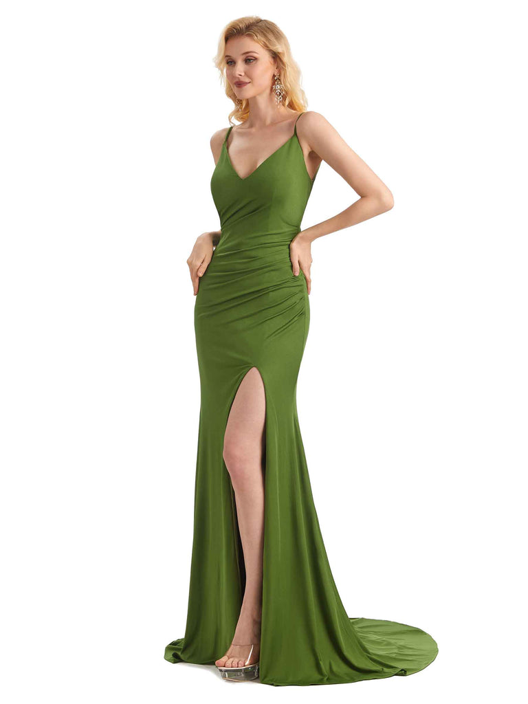 Sexy Mermaid Side Slit Stretchy Jersey Long Formal Bridesmaid Dresses 2023
