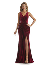 Elegant Mermaid V-neck Side Split Unique Velvet Long Wedding Guest Dresses