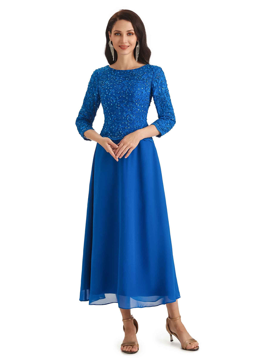 Elegant A-Line Chiffon Lace 3/4 Sleeve Short Groom of The Bride Dresses