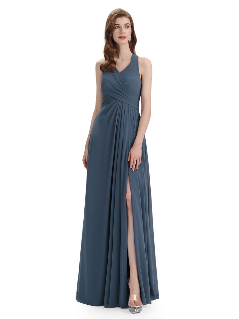 Elegant V-neck Side Slit Floor Length Bridesmaid Dresses