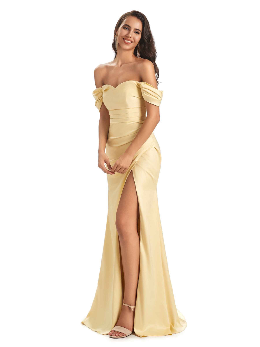 Sexy Off Shoulder Sweetheart Satin Side Slit Mermaid Long Prom Dresses Online