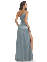Silky Soft Satin One Shoulder Side Slit Mermaid Long Curve Wedding Guest Dresses