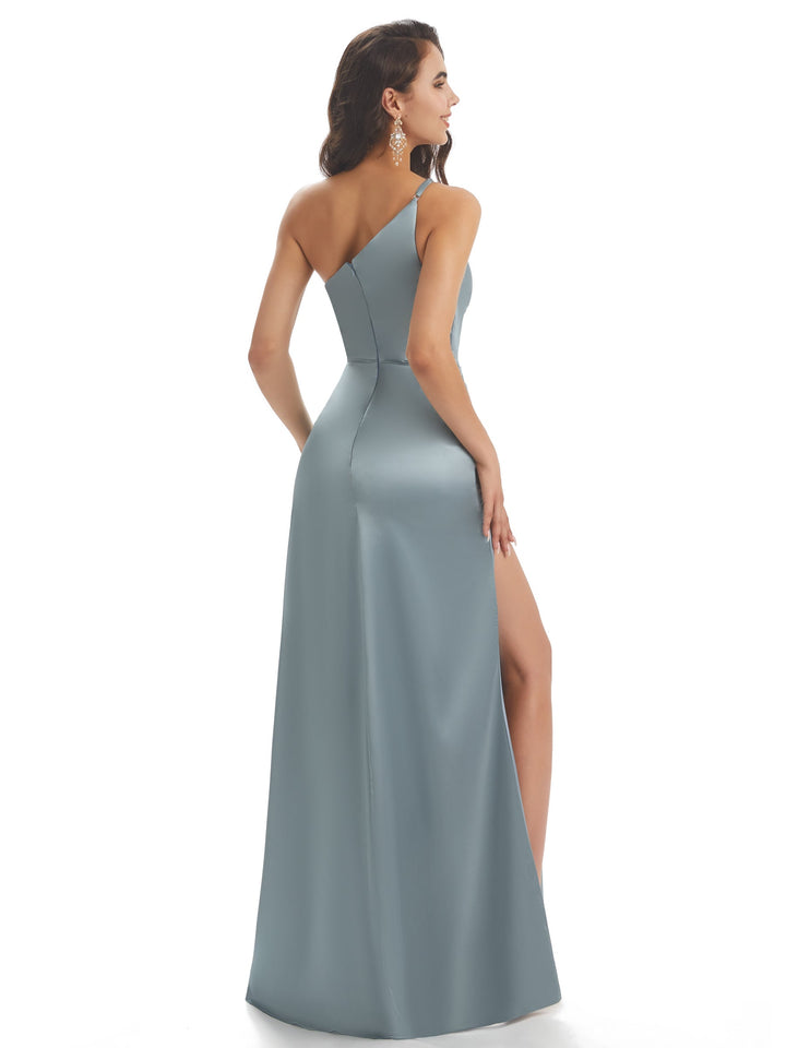 Silky Soft Satin One Shoulder Side Slit Mermaid Long Curve Wedding Guest Dresses