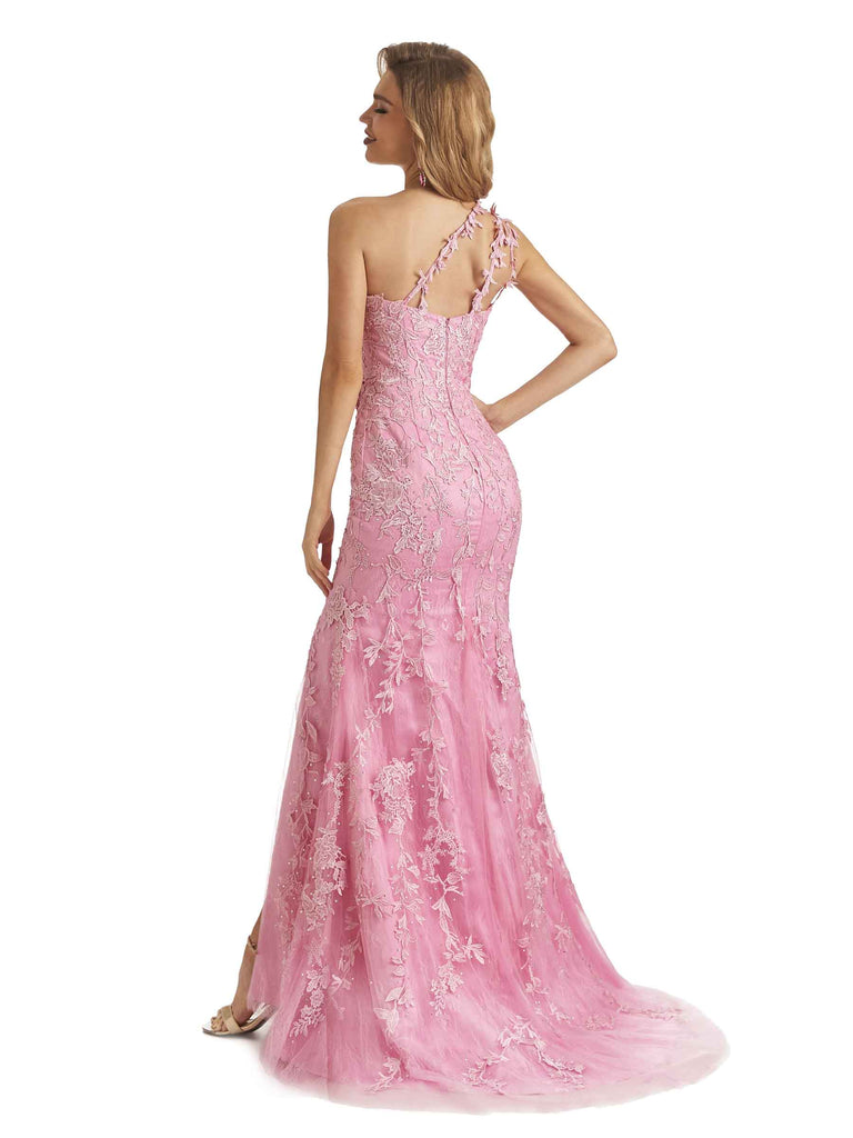 Sexy Side Slit Pink Lace Mermaid One Shoulder Long Graduation Prom Dresses