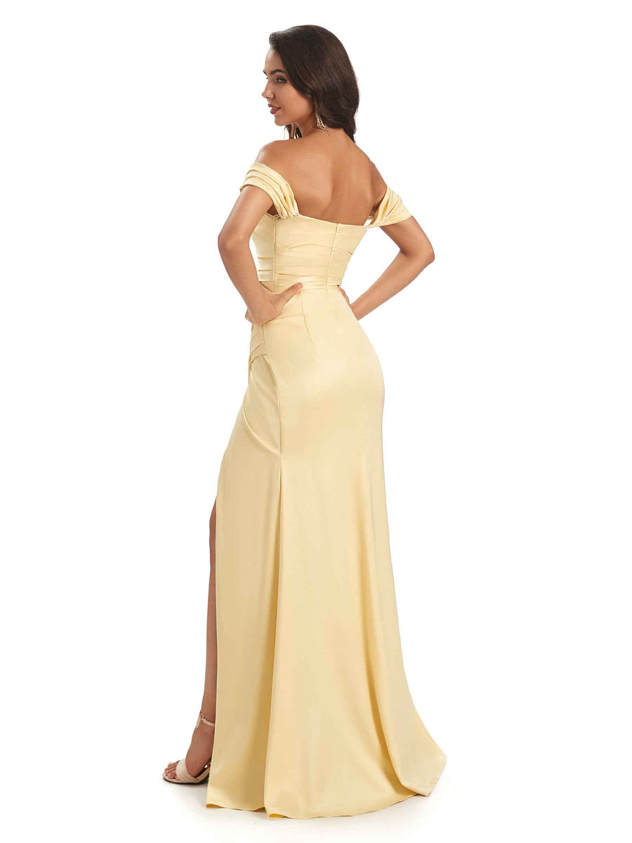 Sexy Off-shoulder Sweetheart Soft Satin Side Slit Mermaid Long Bridesmaid Dresses