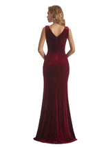 Elegant Mermaid V-neck Side Split Unique Velvet Long Wedding Guest Dresses