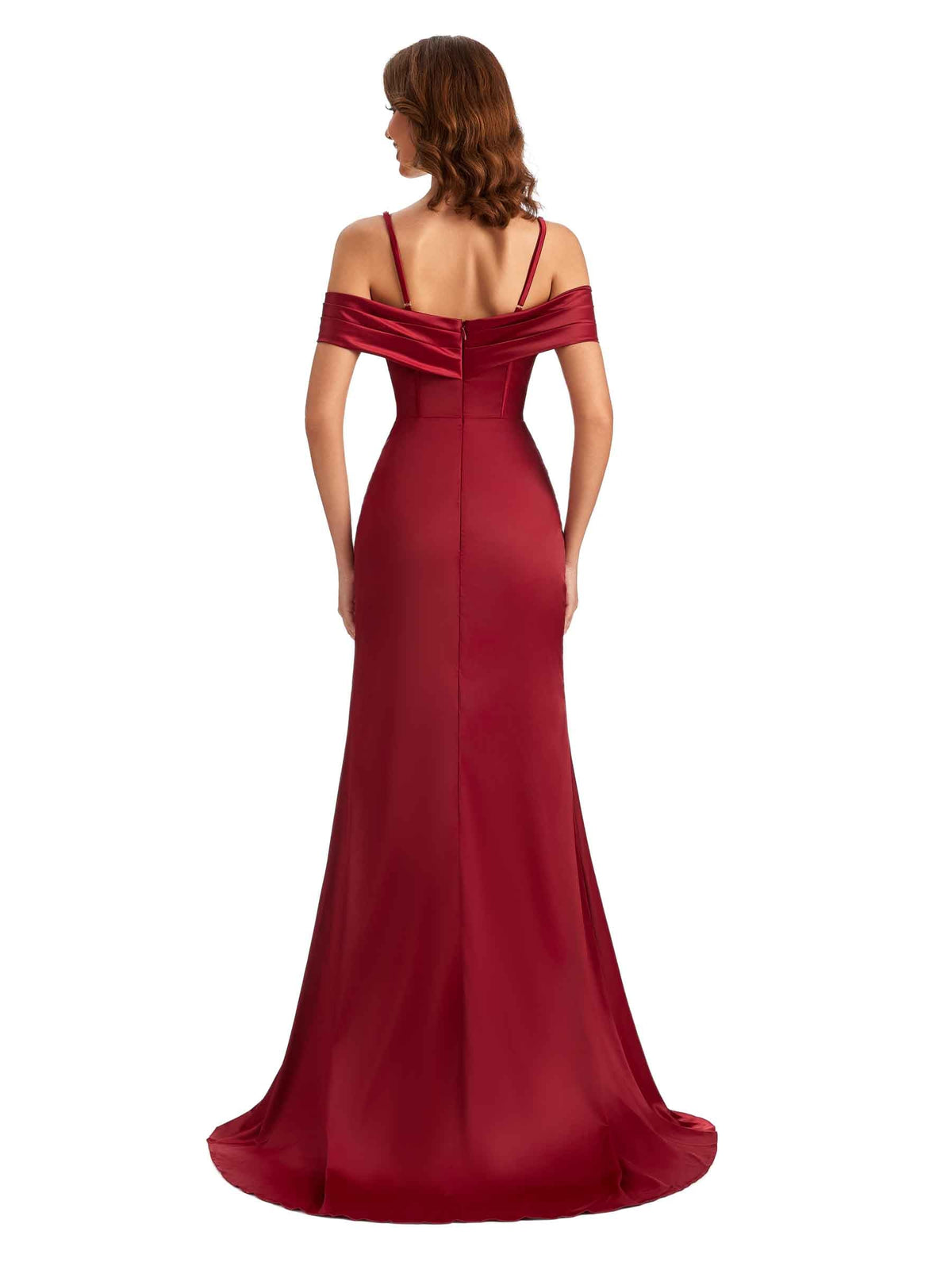 Sexy Side Slit Mermaid Silky Satin V-neck Cold Shoulder Unique Nice Wedding Guest Dresses
