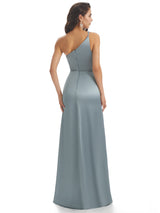 Simple Soft Satin One Shoulder Side Slit Mermaid Long Prom Dresses