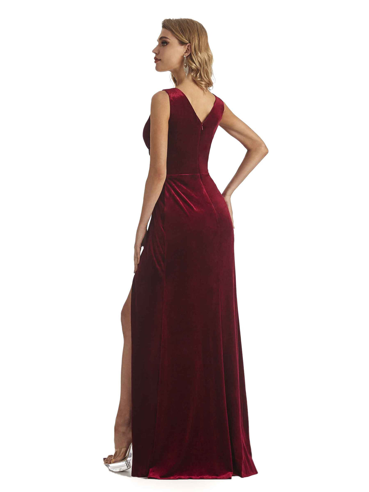 Elegant Mermaid V-neck Side Split Unique Velvet Long Bridesmaid Dresses Online
