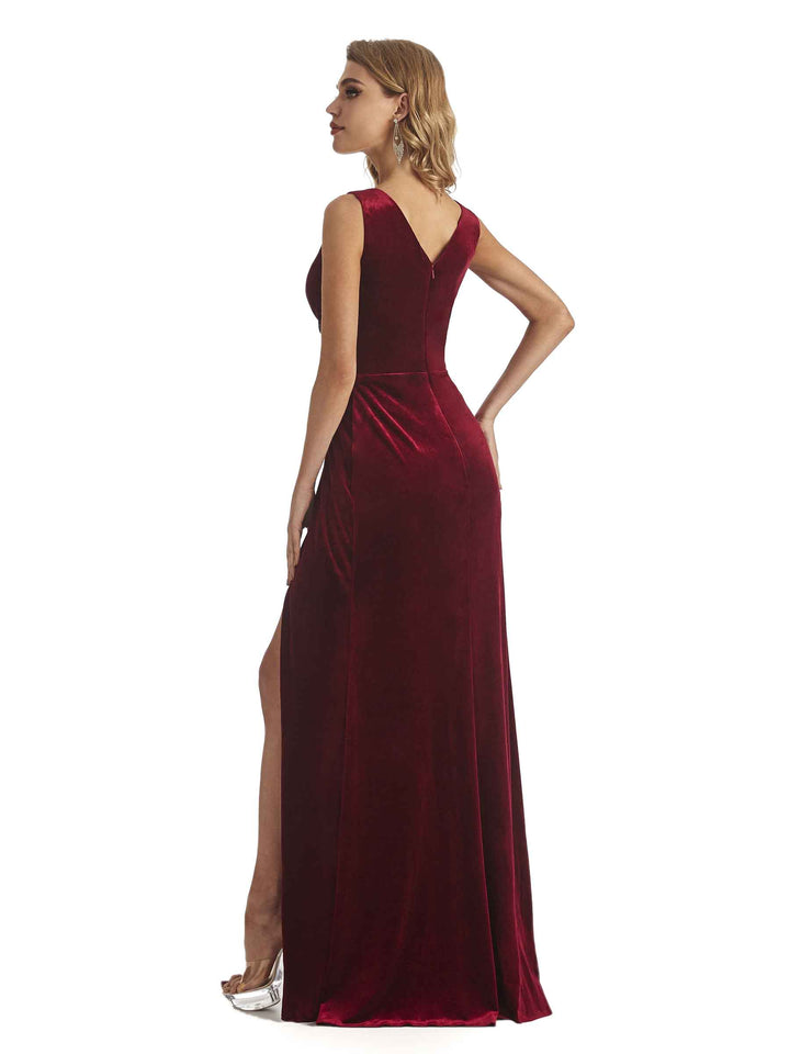 Elegant Mermaid V-neck Side Split Unique Velvet Long Wedding Guest Dresses