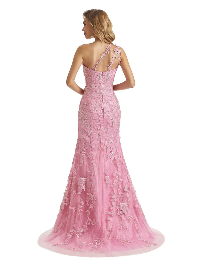 Sexy Side Slit Pink Lace Mermaid One Shoulder Long Graduation Prom Dresses
