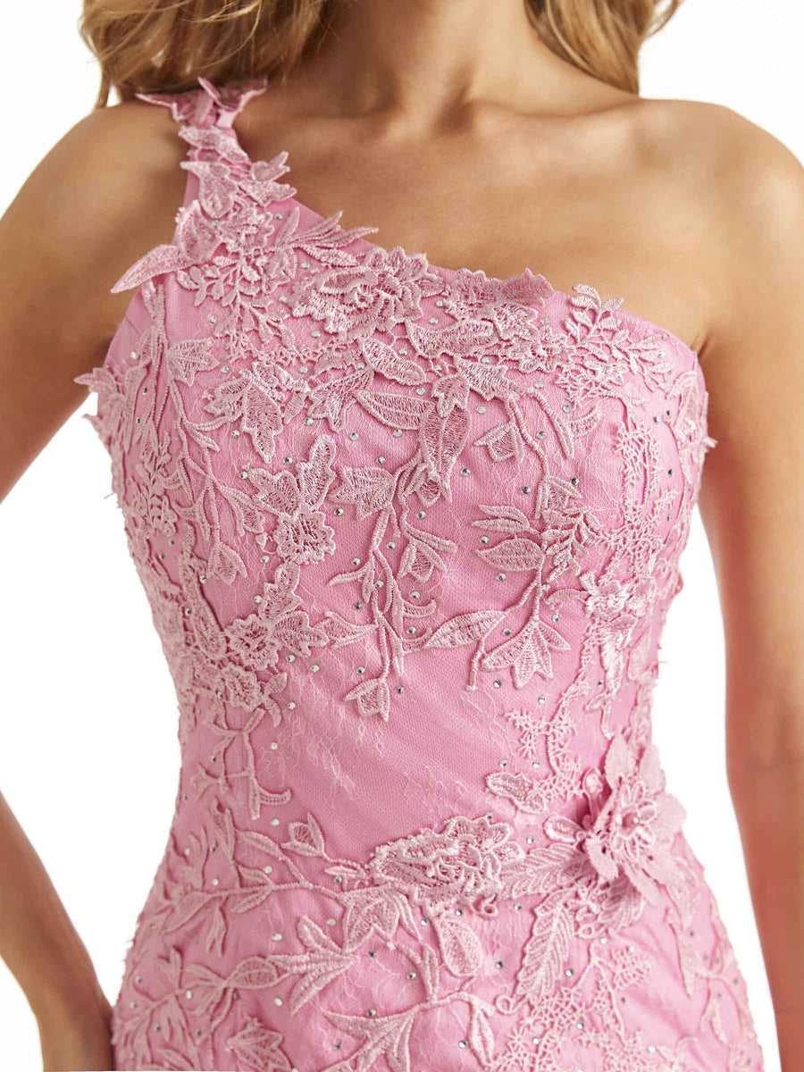 Sexy Side Slit Pink Lace Mermaid One Shoulder Long Graduation Prom Dresses