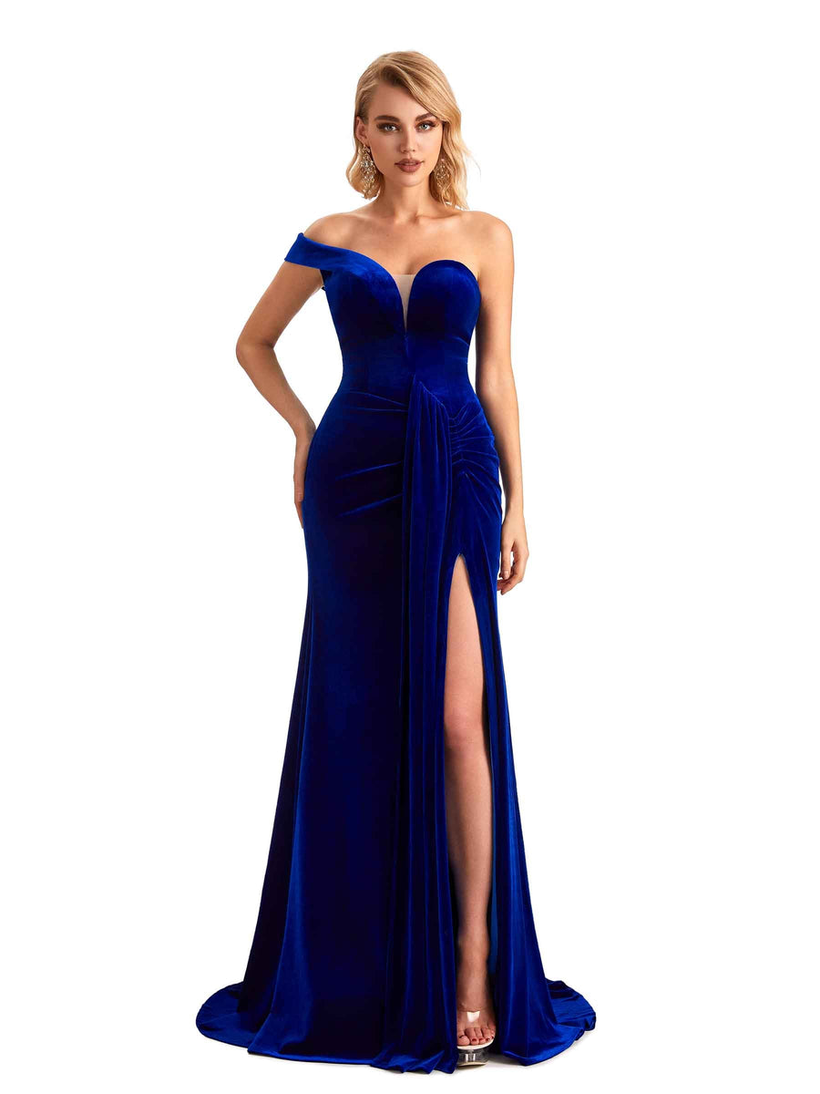Sexy Side Slit Mermaid One Shoulder Velvet Long Bridesmaid Dresses