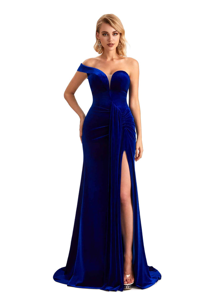 ChicSew Unique Velvet Long Bridesmaid Dresses One Shoulder Sexy Side Split Mermaid / Velvet dress for wedding, Dark-Navy ChicSew Unique Velvet Long Bridesmaid Dresses One Shoulder Sexy Side Split Mermaid / Velvet dress for wedding, Dark-Navy