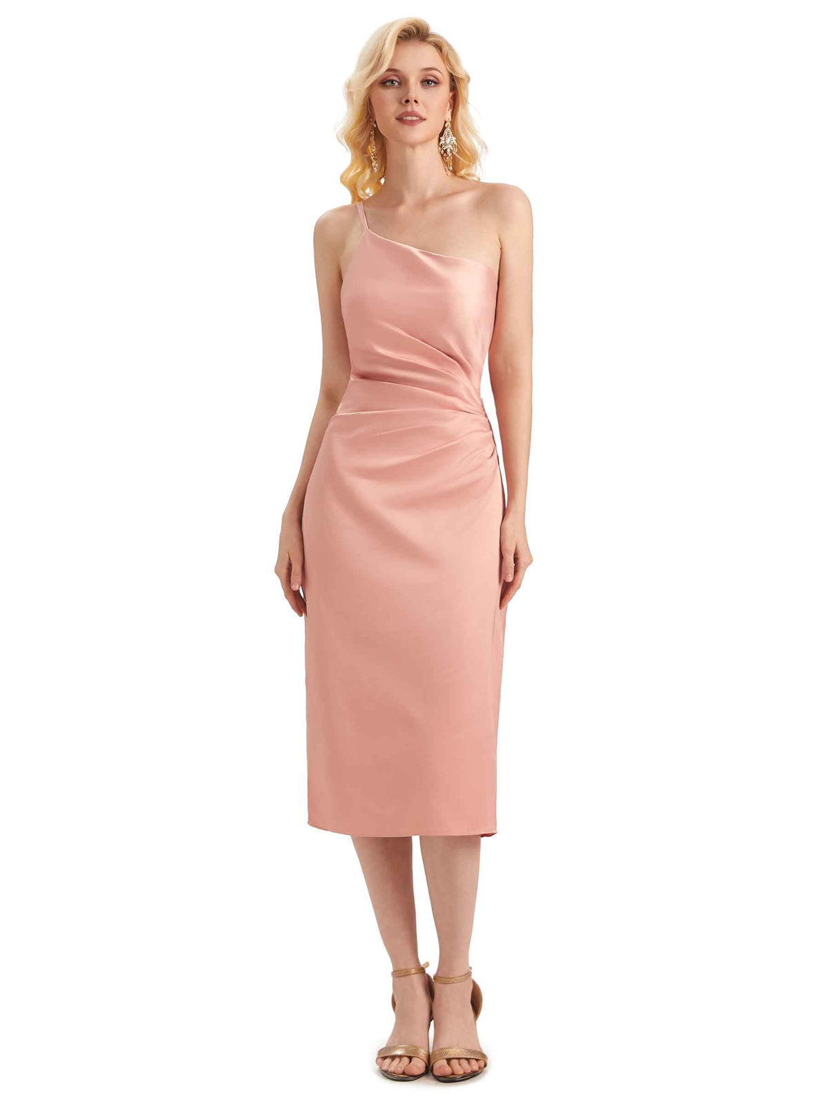Sexy Soft Satin Side Slit One Shoulder Satin Midi Evening Prom Dresses Online