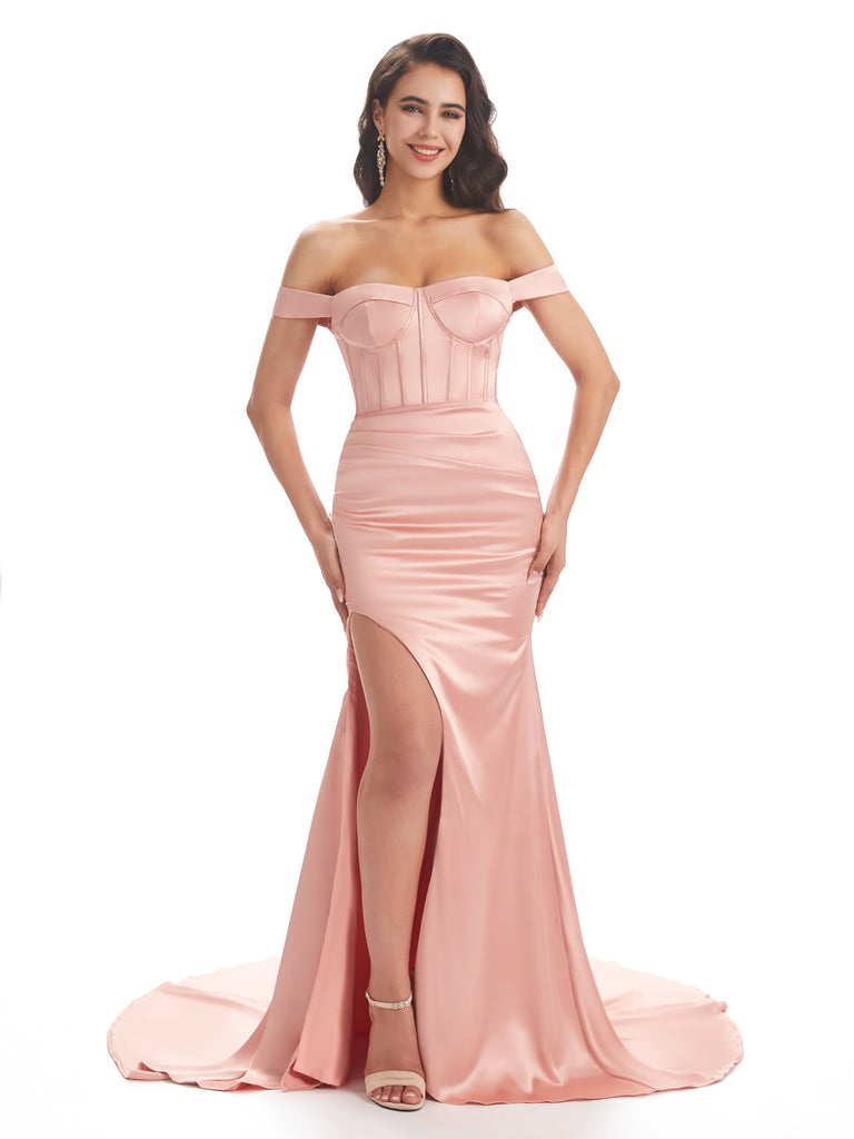 Sexy Side Slit Soft Satin Prom Dresses With Off Shoulder Maxi Long Mermaid Online