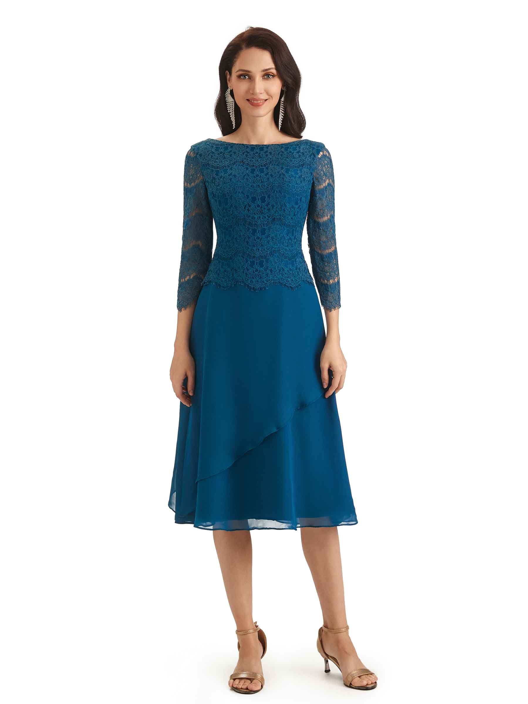 Elegant Long Sleeves Tea Length Lace Mother of The Bride Dresses