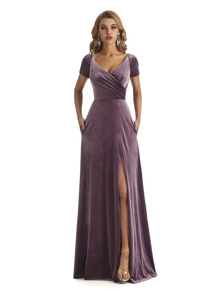 Elegant Short Sleeves Side Slit Velvet Long Wedding Guest Dresses