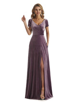 Elegant Short Sleeves Side Slit Velvet Long Wedding Guest Dresses