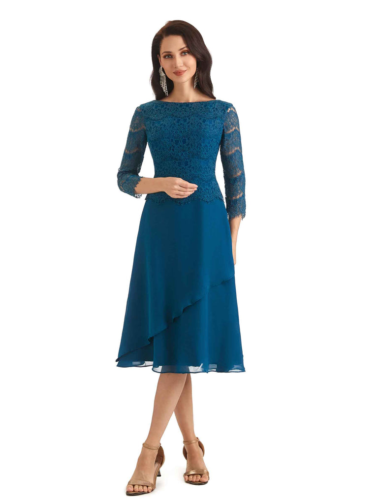 Elegant Long Sleeves Tea Length Lace Mother of The Bride Dresses