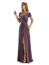 Elegant Short Sleeves Side Slit Velvet Long Wedding Guest Dresses