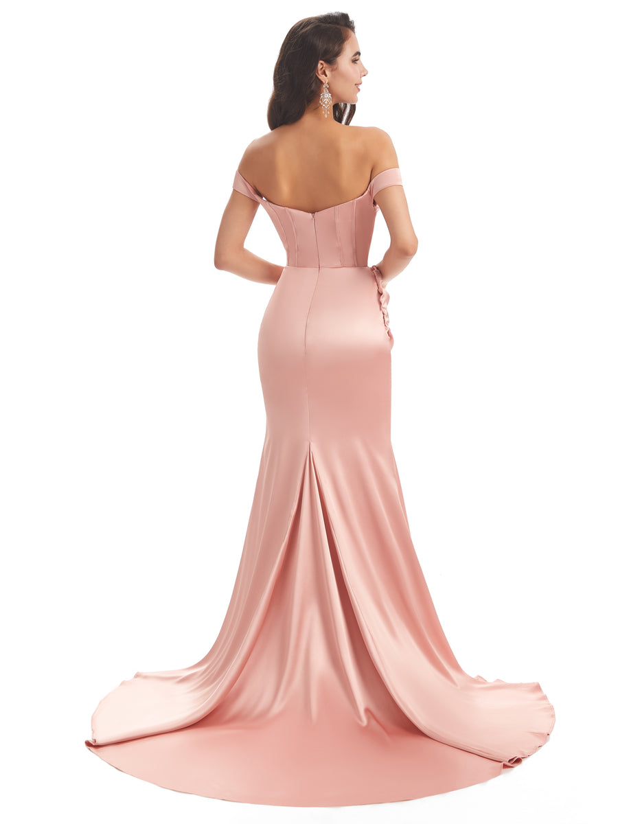 Unique Side Slit Soft Satin Off Shoulder Long Mermaid Bridesmaid Dresses Online