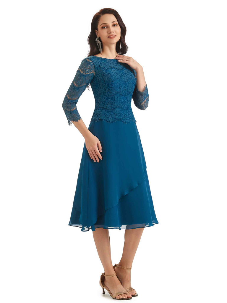 Elegant Long Sleeves Tea Length Lace Mother of The Bride Dresses