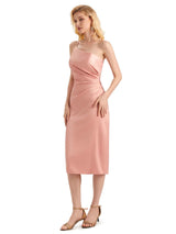 Sexy Soft Satin Side Slit One Shoulder Satin Midi Bridesmaid Dresses Online