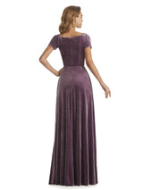 Elegant Short Sleeves Side Slit Velvet Long Wedding Guest Dresses