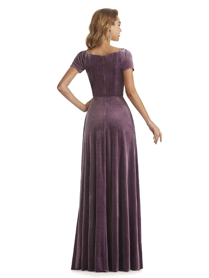 Elegant Short Sleeves Side Slit Velvet Long Wedding Guest Dresses