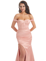 Unique Side Slit Soft Satin Off Shoulder Long Mermaid Bridesmaid Dresses Online