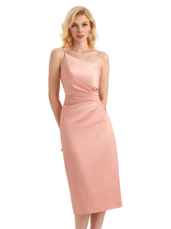 Sexy Soft Satin Side Slit One Shoulder Satin Midi Evening Prom Dresses Online