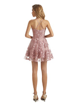 Pink Cute Spaghetti Straps V-neck Lace Short Party Prom Dresses