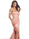 Sexy Side Slit Soft Satin Off The Shoulder Long Mermaid Wedding Guest Attire Female