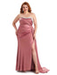 Sexy Side Slit Strapless Mermaid Lace Soft Satin Long Plus Size Maid of Honor Dresses