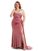 Plus Size Sexy Side Slit Strapless Mermaid Lace Soft Satin Size Maid of Honor Dresses