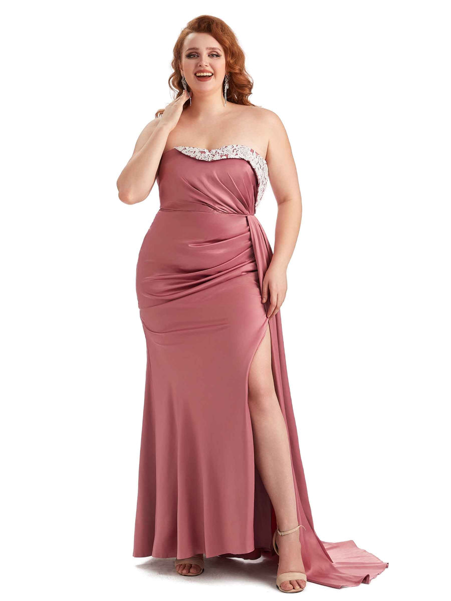 Plus Size Sexy Side Slit Strapless Mermaid Lace Soft Satin Size Maid of Honor Dresses