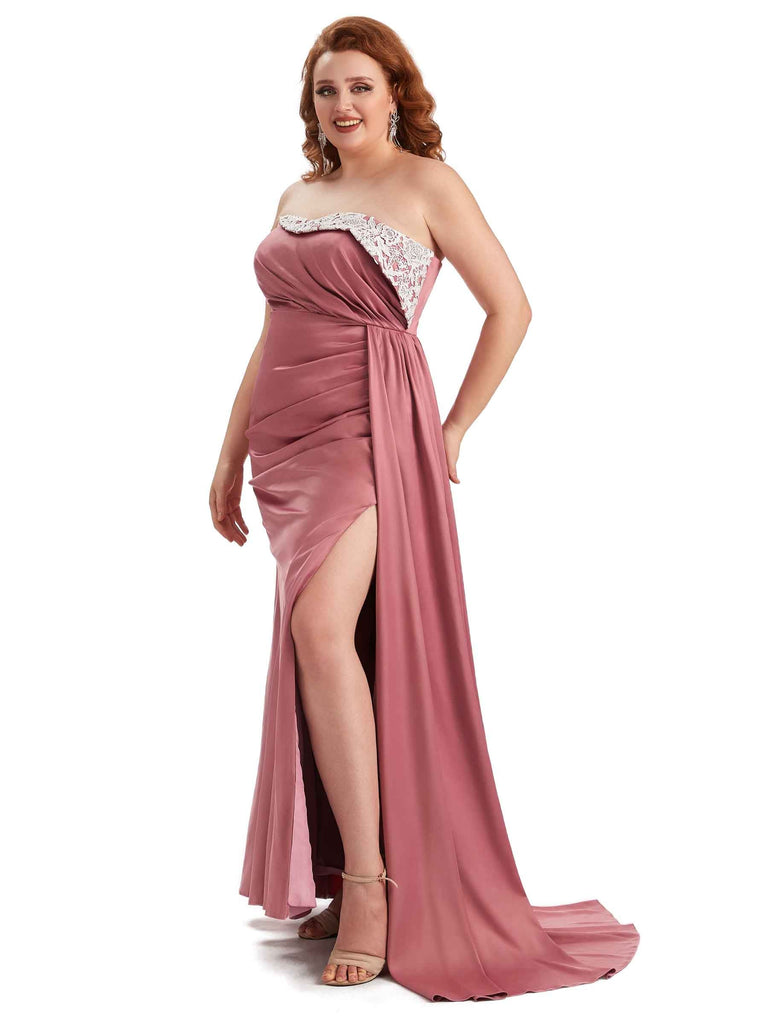 Sexy Side Slit Strapless Mermaid Lace Soft Satin Long Plus Size Maid of Honor Dresses