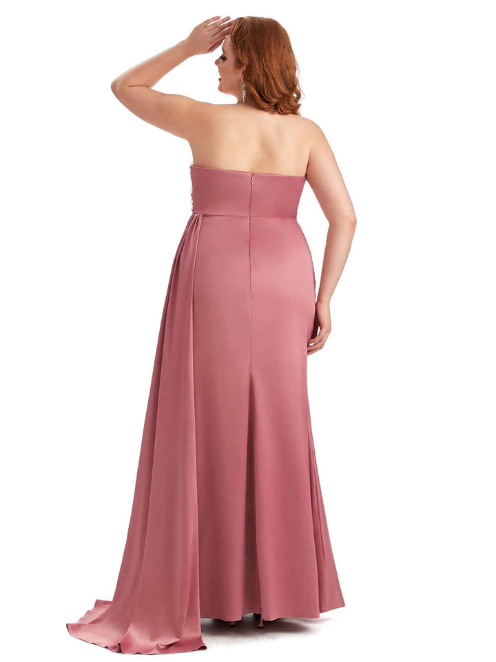 Plus Size Sexy Side Slit Strapless Mermaid Lace Soft Satin Size Maid of Honor Dresses