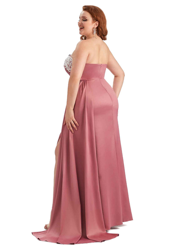 Sexy Side Slit Strapless Mermaid Lace Soft Satin Long Plus Size Maid of